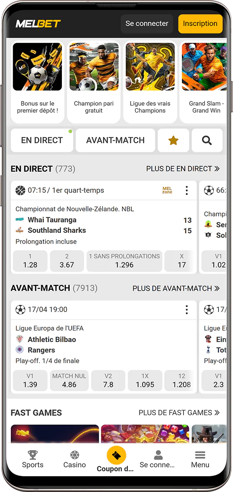 Capture d'écran de la page d'accueil de l'application Melbet CI