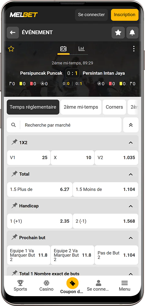 Capture d'écran de l'application Événement sportif de Melbet CI